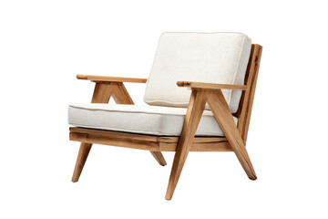 Wooden mid century lounge chair with angled legs, clean visible wood grain, smooth geometric frame lines, and a light cushioned seat with subtle fabric texture isolated on transparent background.