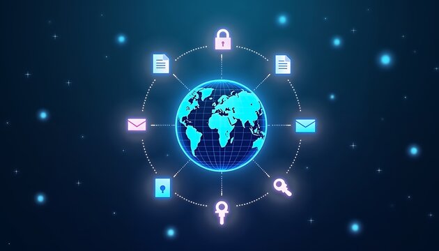 Glowing blue globe with interconnected and dotted lines in dark space - Powered by Adobe