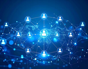Connected human icons glow on a blue network against an abstract world map, implying global connections