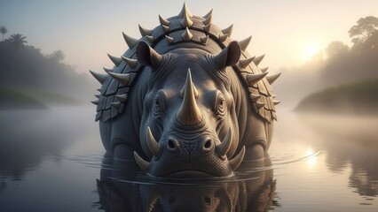 A rhinoceros with a large, spiked head standing in a misty, serene river at sunrise.