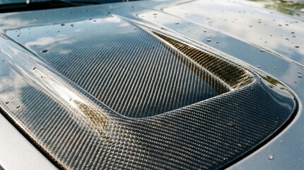 Close up of carbon fiber hood vent with glossy clear coat and texture