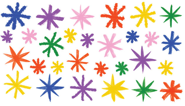 Grunge bold and thin forms. Various crayon drawn asterisks and star shapes. Colorful brush drawn asterisks vector. Funky geometric figure. Naive playful typography design elements. Rough doodle symbol