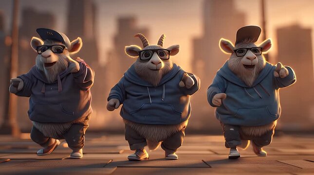 Three cartoon goats in urban streetwear walking in cityscape