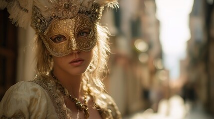 Elegant Woman Wearing Ornate Gold Filigree Mask for Venice Carnival