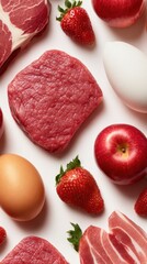 Assorted raw meat portions with fresh strawberries, apples, an egg and produce arranged on a white background