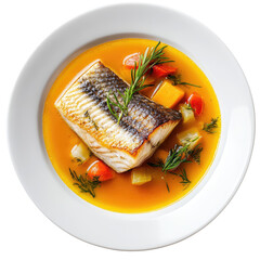 Gourmet salmon dish, top view, fine dining, transparent background