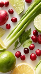 Vibrant assortment of fresh produce, including celery stalks, citrus wedges, leafy herbs, and small berries.!!