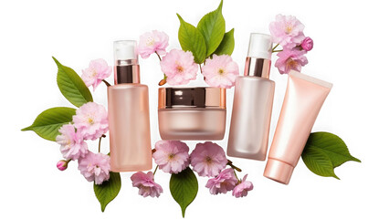 Minimal modern fashion and beauty social media post
 banner collection kit. Cosmetic bottles mockups
 with flowers for branding and packaging
 presentation. Pump bottle, cream tube, and dropper 
on pa