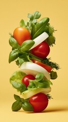 Vertical stack of fresh tomatoes, basil, and a white spiral cheese on a bright yellow background, appetizing!!