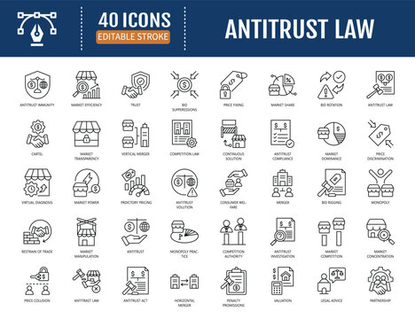 Antitrust law icon set. Includes market,
competition, monopoly, cartel, trust, merger,
acquisition, price fixing, power, restrain trade
and more. Vector illustration with editable
strokes