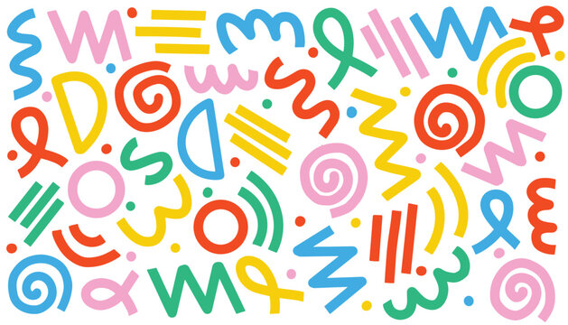 Vibrant playful retro 80s, 90s  multicolor vector memphis seamless patterns circles, dots, zigzags, spirals, wavy lines. Doodle fun kid backgrounds. Childish geometric design for fabric, textile. pink