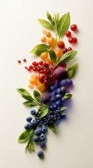 Colorful berries and green leaves are arranged in a vertical cluster on a pale background, fresh and natural.!