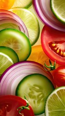 Close-up of vibrant sliced vegetables cucumbers, tomatoes, onions, peppers, and lime wedges in color and glow!