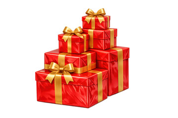 Obraz premium Stack of red gift boxes with gold ribbons, symbolizing holidays, christmas, gifts, and celebration, on a transparent background