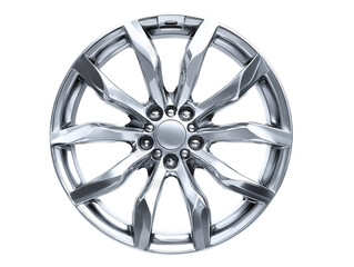 Obraz premium A close-up view of a car rim with a shiny, polished finish and an intricate design. The alloy wheel gleams, reflecting the light with its metallic surface Isolated Transparent Background, PNG