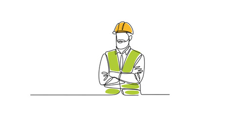 Continuous one line drawing of Construction worker wearing safety vest and hard hat.