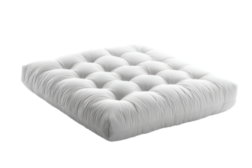 Plush white mattress topper cushion pad with quilted tufting, stitched channel lines, soft pillowy loft, and a clean rectangular silhouette with rounded edges isolated on transparent background.