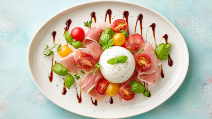 Burrata and prosciutto salad with cherry tomatoes and fresh basil,