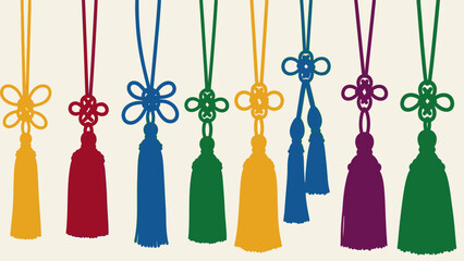 Fototapeta premium Colorful Traditional Korean Knots and Tassels on Light Beige Background, Oriental Decorative Elements, Lucky Charm Hanging Ornaments.