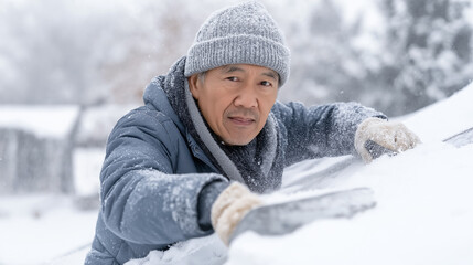 Mature man clearing snow from a house roof with a shovel, perfect for winter safety articles, home maintenance guides, insurance materials and seasonal outdoor lifestyle content.