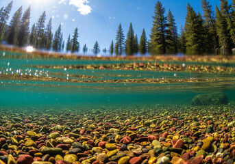Splitlevel shot of a clear mountain lake with colorful pebbles underwater and a pine forest under a blue sky.