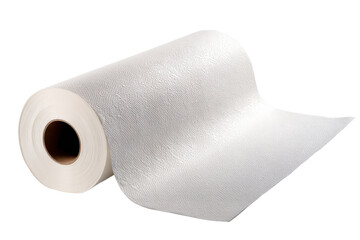 Fototapeta premium White tissue paper roll partially unrolled with a clean cylindrical cardboard core, soft embossed paper texture, and a gentle curling loose sheet edge isolated on transparent background.