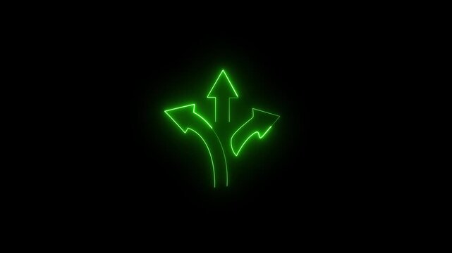 Abstract glowing green color neon branching three-way arrow path animation. Choice. Decision making. Multiple directions. Strategy. 4K path selection graphic.