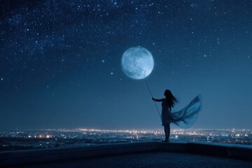 Fototapeta premium Silhouette of woman holding moon on rooftop at night