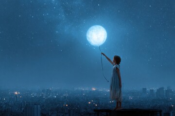 Obraz premium Young girl touching glowing moon balloon against starry city night sky