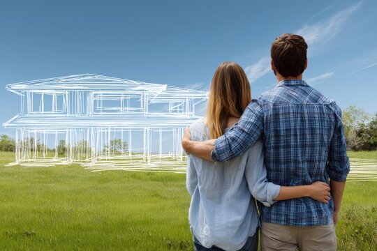 Dream home vision with young caucasian couple imagining house design