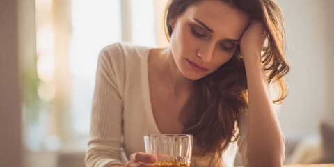 Pensive caucasian female adult with glass of whiskey in thoughtful moment