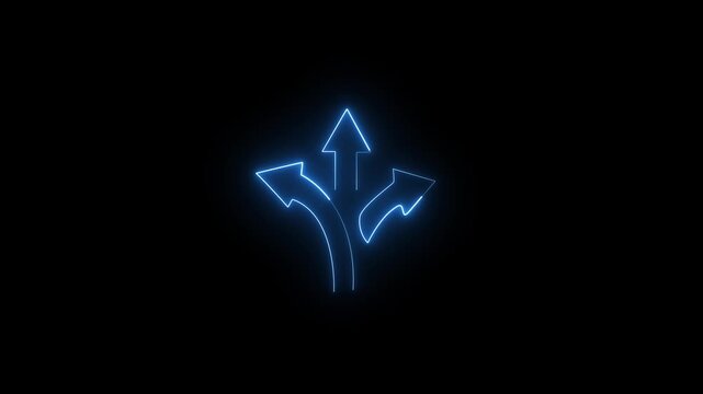 Glowing blue neon three-way arrow split path animation. Multiple choice, direction, future opportunity. 4K decision motion graphic.