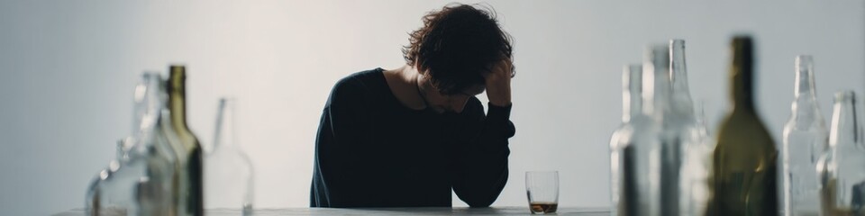 Fototapeta premium Young caucasian male seated at table surrounded by empty bottles, gripping head