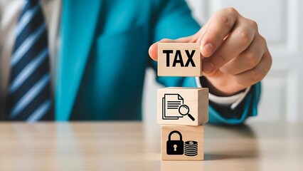 Naklejka premium Businessman building tax document and lock blocks on wooden desk in office
