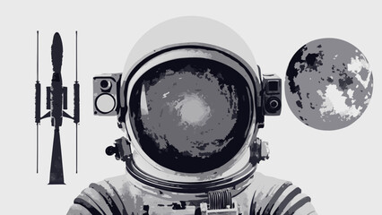 Astronaut helmet with rocket and moon illustration in a minimalist style
