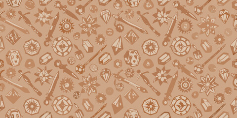 A repeating pattern of swords shields gems and stars in brown tones