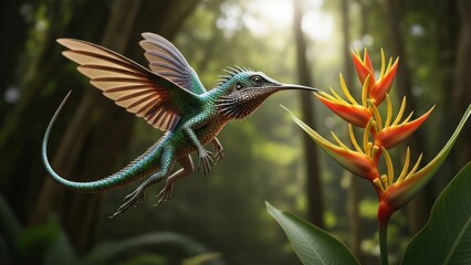 Obraz premium A hummingbird in flight with wings spread, hovering near a vibrant flower in a lush, green forest setting.