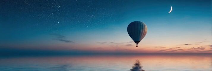 Tranquil hot air balloon journey over serene ocean at dusk with crescent moon