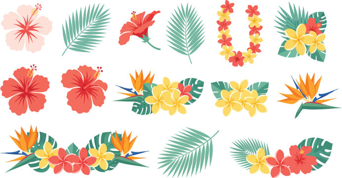 Watercolor tropical flowers and leaves illustrations in various colors and arrangements on white background