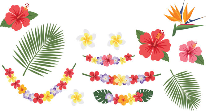 Tropical floral arrangement with palm leaves and colorful flowers on white background
