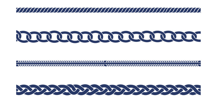 Blue rope borders, seamless pattern on white background, nautical design elements