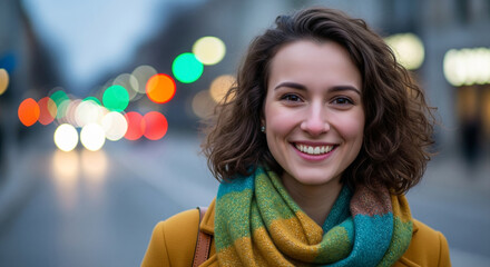 A young woman of likely European descent in her late twenties is centered, smiling radiantly at the viewer