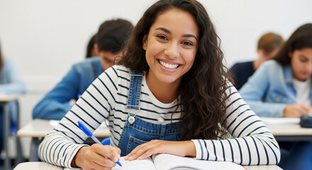 A young woman of mixed ethnicity, likely in her late teens, is centered in the image and is smiling broadly at the viewer