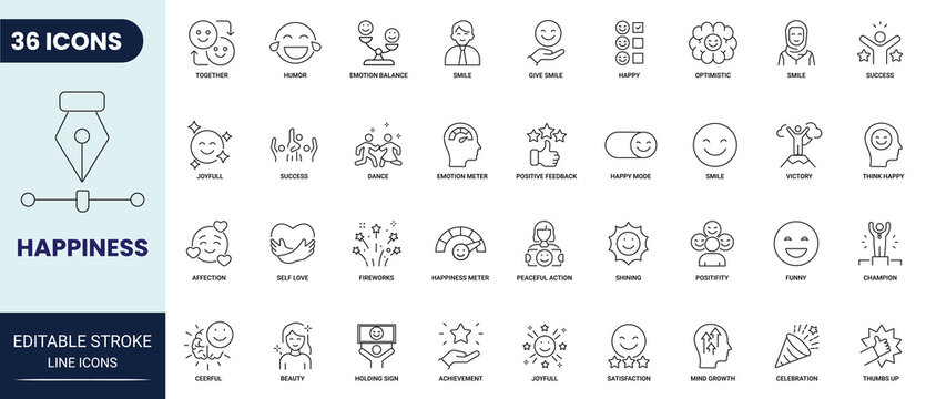 Happiness, smile line icon set. Includes mind growth, funny, smile,  and success more. Editable stroke. Vector illustration