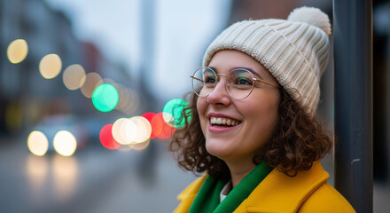 A young, light-skinned woman, likely in her early twenties, is positioned slightly off-center to the right
