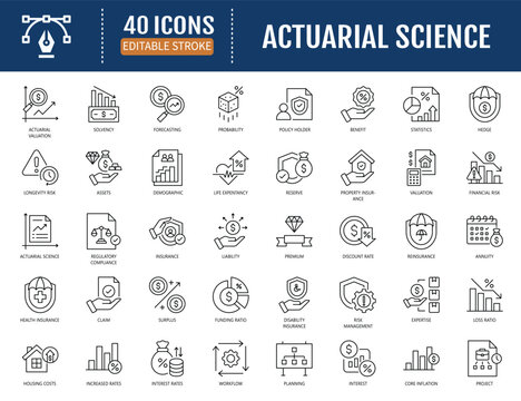 Actuarial science icon set. Includes risk,
probability, statistics, insurance, liability, asset,
annuity, investment, valuation. Vector illustration
with editable strokes