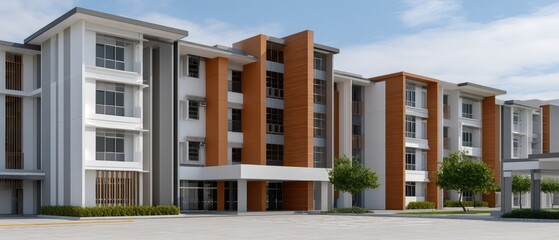 Obraz premium Modern school building located in a city, featuring red and white colors, with grass and residential buildings in the background