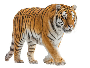 Obraz premium A majestic tiger with bold stripes confidently walking forward Isolated Transparent Background, PNG