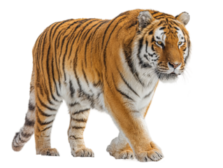 A majestic tiger with bold stripes confidently walking forward Isolated Transparent Background, PNG