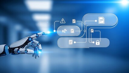 Robotic hand interacts with futuristic digital interface and glowing blue circuit